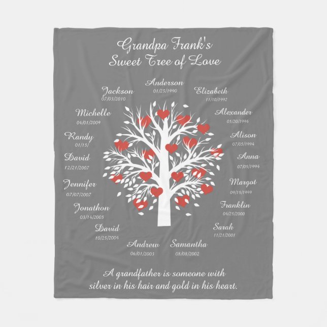 Couverture Polaire Grandpa Tree (coeurs), White/Grey 17 Noms et Dates (Devant)