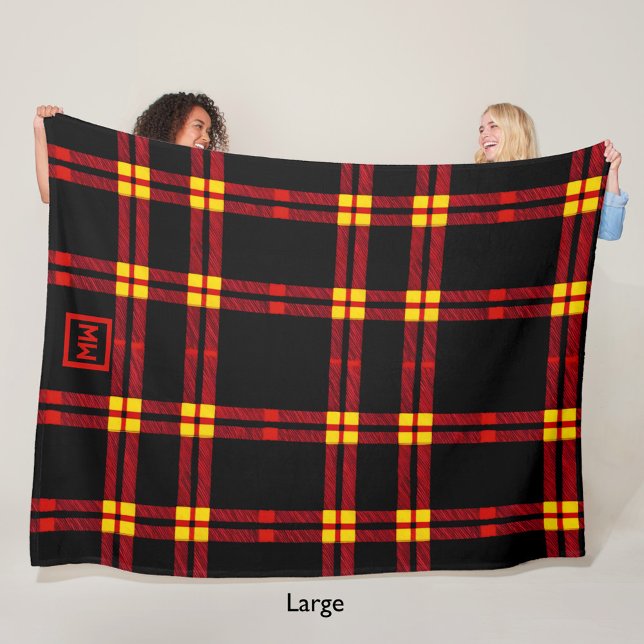 Couverture Polaire Gras, noir, rouge, monogramme jaune plaid (Créateur téléchargé)