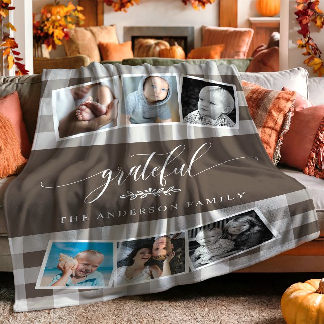 Couverture Polaire Grateful Brown Plaid Fall Family 6 Photo Collage (Créateur téléchargé)