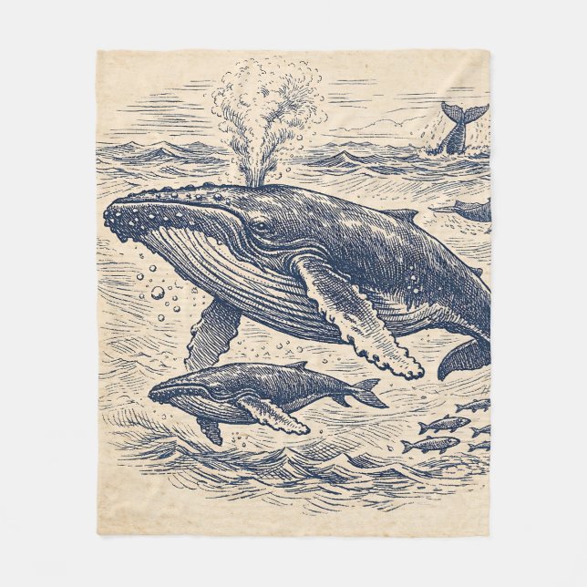 Couverture Polaire Gravure vintage de groupe de baleines à bosse (Devant)
