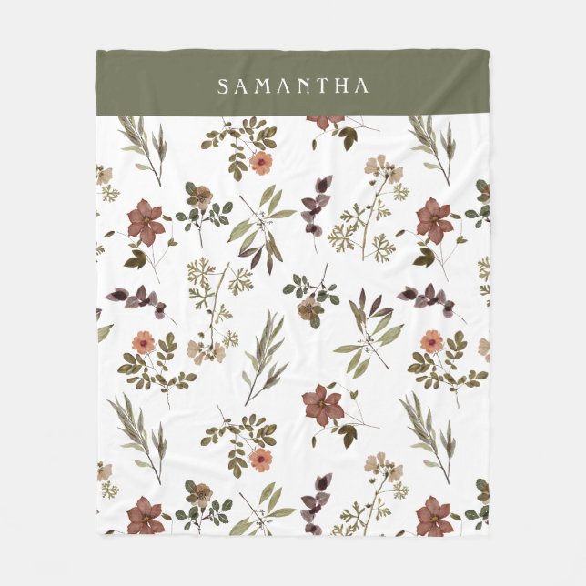 Couverture Polaire Green Burgundy Wildflower Monogram Name (Devant)