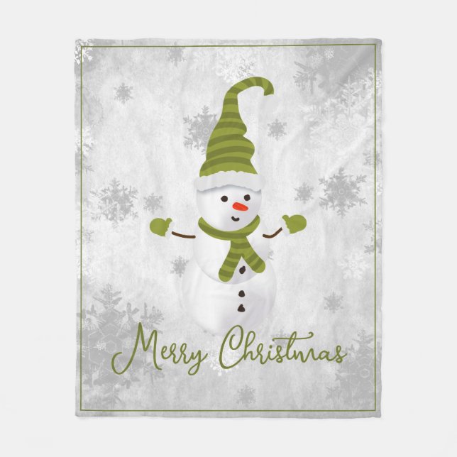 Couverture Polaire Green Cute Snowman Holiday Fleece Blanche (Devant)