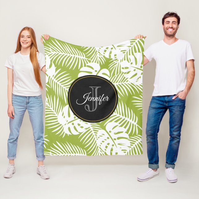 Couverture Polaire Green Palm Feuille Rainforest Motif Monogram (En situation)