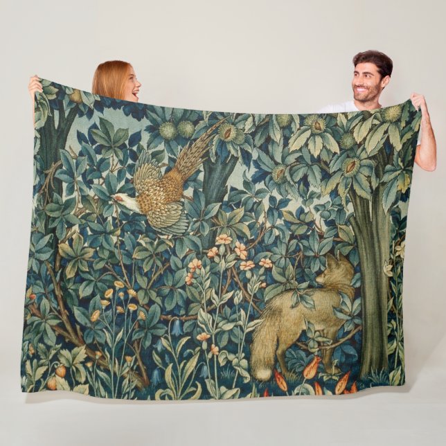 Couverture Polaire GREENERY, FOREST ANIMALS Pheasant, Fox, Green Flor (En situation)