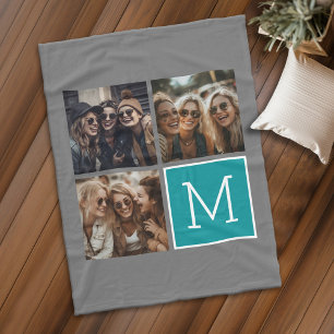 Couverture Polaire Gris et Carré Turquoise 3 Photo Collage Monogramme