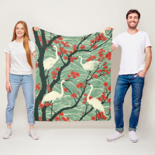 Couverture Polaire Grue Japonaise et Fleur de Cerisier - Art Oriental
