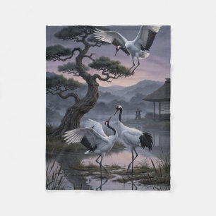 Couverture Polaire Grues sous les pins Esthétique orientale Fleece 