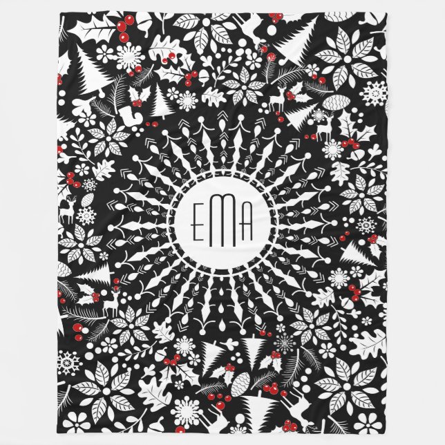 Couverture Polaire Guirlande de Noël géométrique blanche et noire (Devant)
