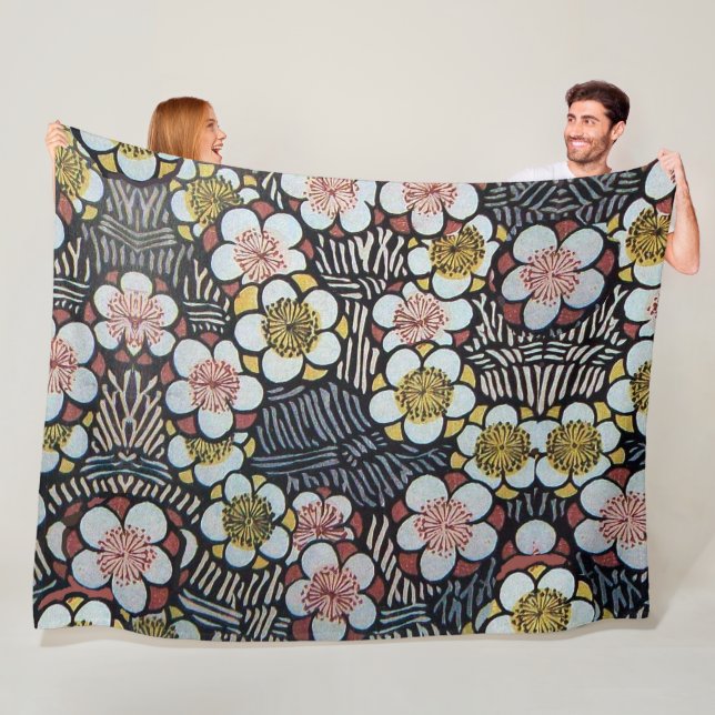 COUVERTURE POLAIRE HAIKU/ FLEURS DE PRINTEMPS JAUNE ROSE BLANC NOIR (En situation)