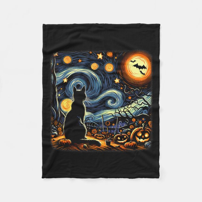 Couverture Polaire Halloween Black Cat Van Gogh Starry Night Cat Love (Devant)