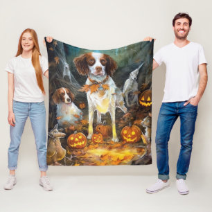 Couverture Polaire Halloween Brittany Spaniel avec citrouilles effray
