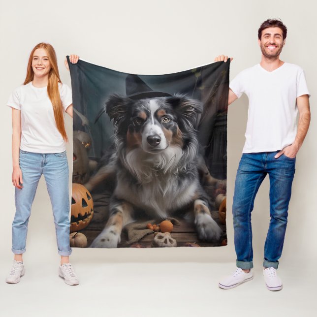 Couverture Polaire Halloween Citrouille berger australienne effraie (En situation)