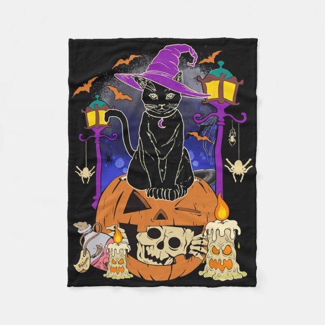 Couverture Polaire Halloween Femmes Hommes Enfants Halloween Chat Noi (Devant)