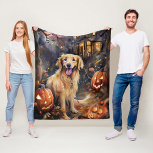 Couverture Polaire Halloween Golden Retriever avec la peur Citrouille