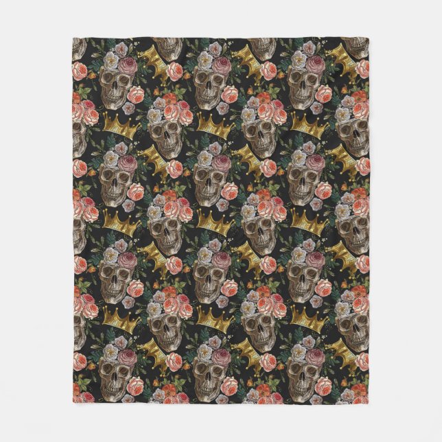 Couverture Polaire Halloween gothique foncé Roses rouges crâne de Cou (Devant)