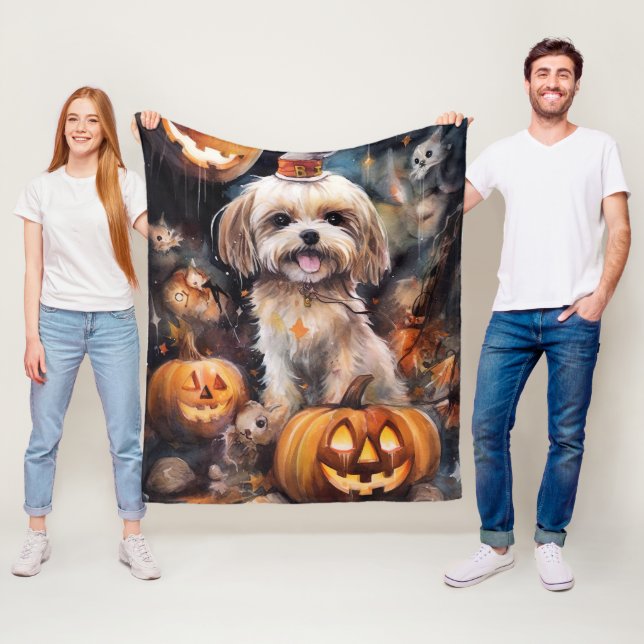 Couverture Polaire Halloween Lhassa Apso Avec Peur Citrouille (En situation)