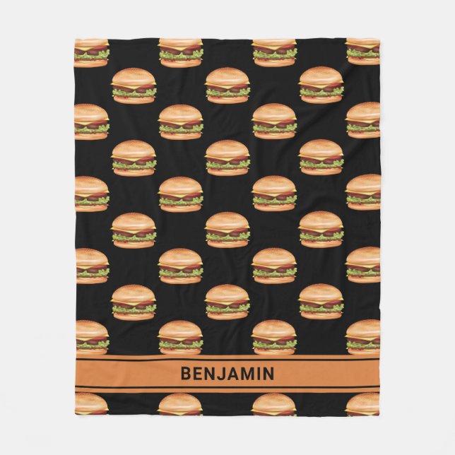 Couverture Polaire Hamburger Fast Food Motif Sur Noir Avec Nom (Devant)