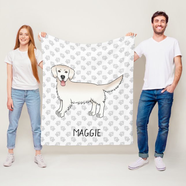 Couverture Polaire Happy Cream Golden Retriever avec pattes et nom (En situation)