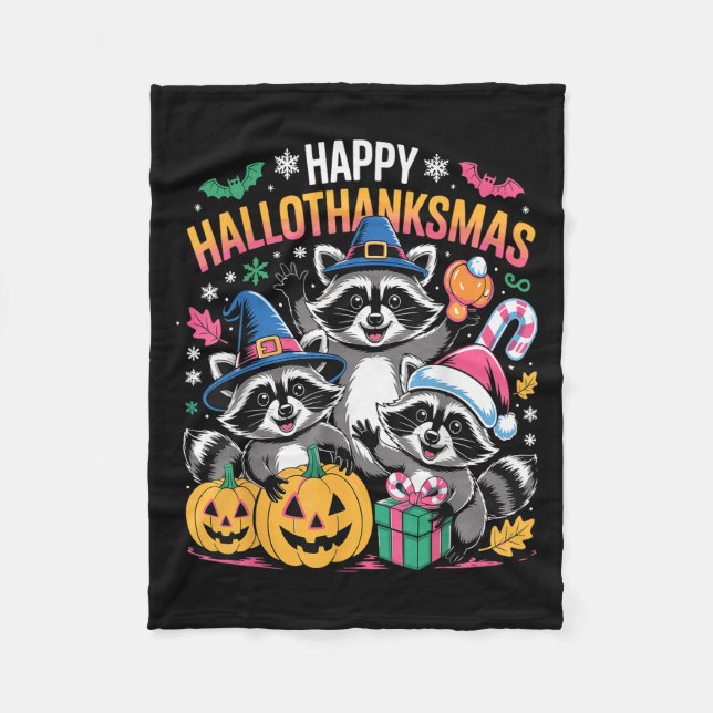Couverture Polaire Happy Hallothanksmas Raccoon Halloween Merry Chris (Devant)