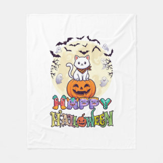 Couverture Polaire Happy Halloween White Cat Pumpkin Moon Bats Ghosts