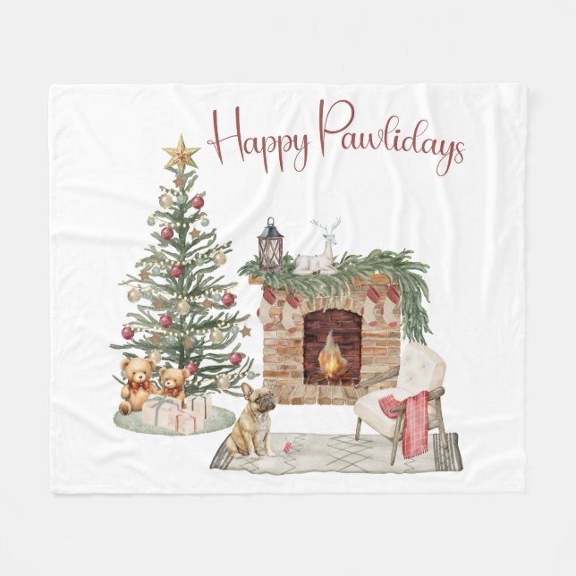 Couverture Polaire Happy Pawlidays Chien Design - French Bulldog (Devant (Horizontal))