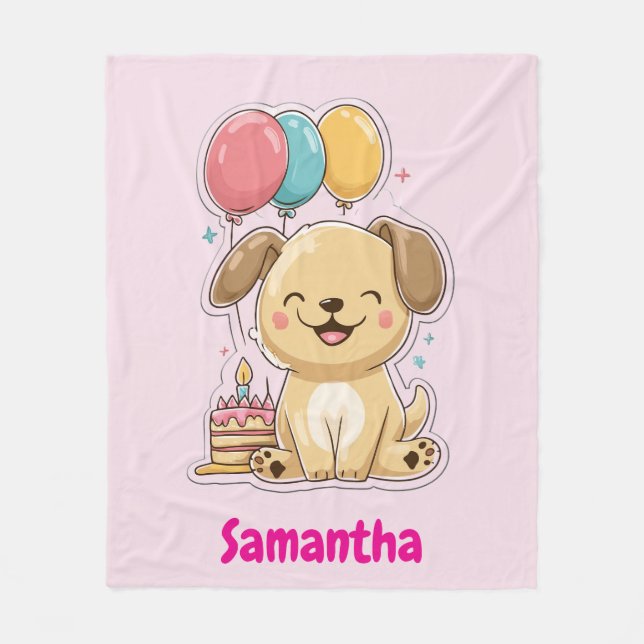 Couverture Polaire Happy Puppy, Girl, 1st Birthday Gift, Personalized (Devant)