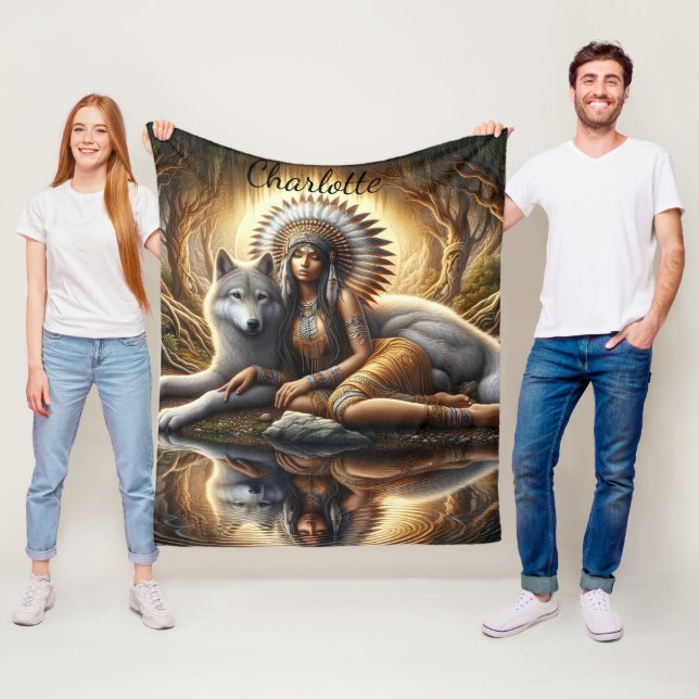Couverture Polaire Harmonie de l'esprit autochtone avec un loup au cr (En situation)