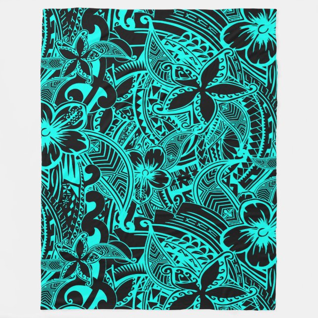 Couverture Polaire Hawaï - Samoan - Threads tribaux Turquoises polyné (Devant)