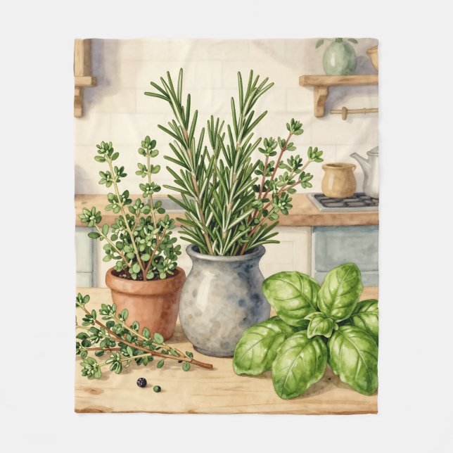 Couverture Polaire Herbes fraîches de cuisine aquarelle  (Devant)