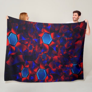 Couverture Polaire hexagone bleu mélangé à des courbes rouges qui se 