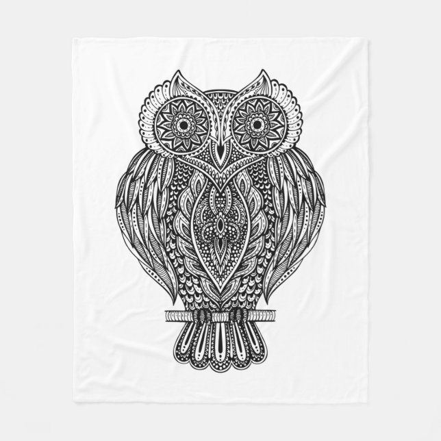 Couverture Polaire Hibou fleuri tiré par la main inspiré (Devant)