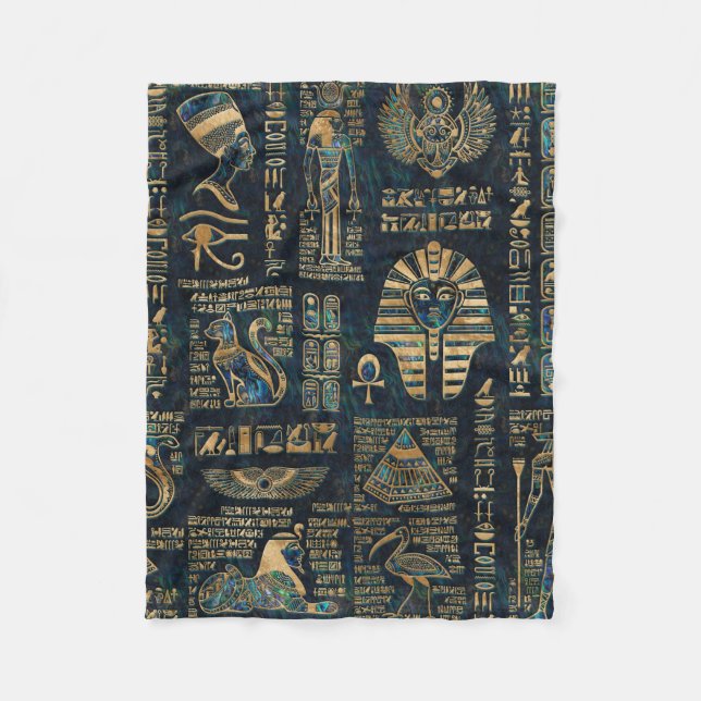 Couverture Polaire Hiéroglyphes et divinités égyptiens - ormeau et or (Devant)