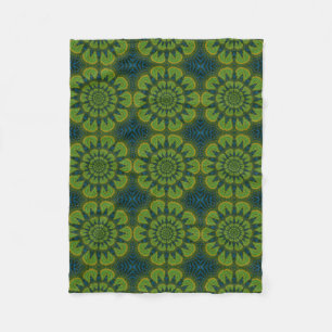 Couverture Polaire Hippie Abstraite Vert & Marine Fleurs Bleues Ethni