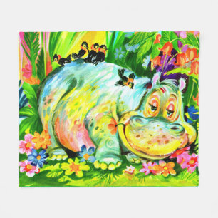 Couverture Polaire hippopotame et oiseaux aux couleurs vives