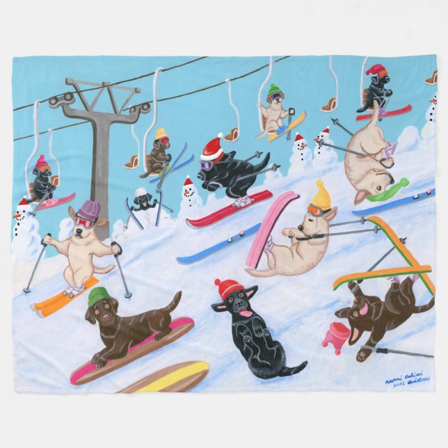 Couverture Polaire Hiver Fun Ski de Noël Labradors (Devant (Horizontal))