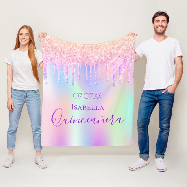 Couverture Polaire Holographie des gouttes roses de Quinceanera (En situation)