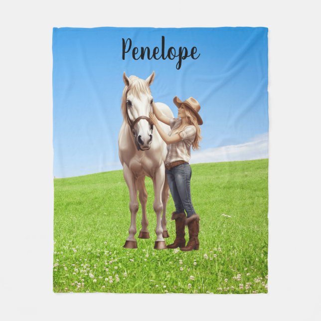 Couverture Polaire Horse Girl Horseback équitation Meadow Personnalis (Devant)