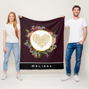 Couverture Polaire I Love You Fancy Golden Heart with Floral Frame
