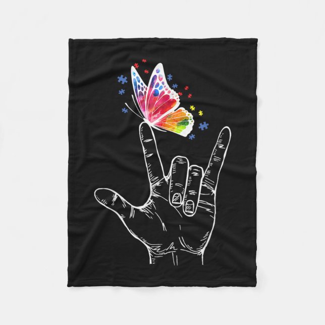 Couverture Polaire I Love You Hand Sign Language Butterfly Autism (Devant)
