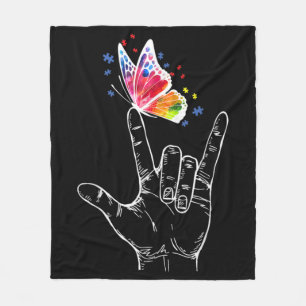 Couverture Polaire I Love You Hand Sign Language Butterfly Autism