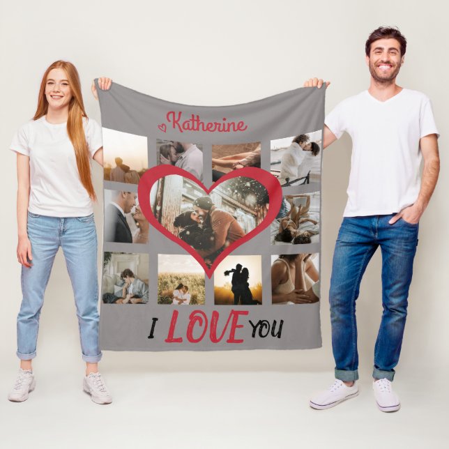 Couverture Polaire I Love You Heart Photo Collage Style Red Script (En situation)