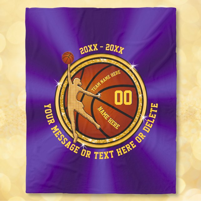 Couverture Polaire Idées Cadeaux Senior Purple et Gold pour le basket (Personalized Basketball Blankets. Purple and Gold,  Christmas Gifts for Basketball Players. Blanket.)