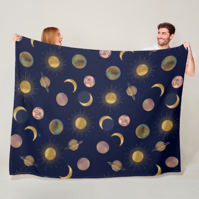 Couverture Polaire Illustration Blue Gold Sun Moon Planètes Space (En situation)
