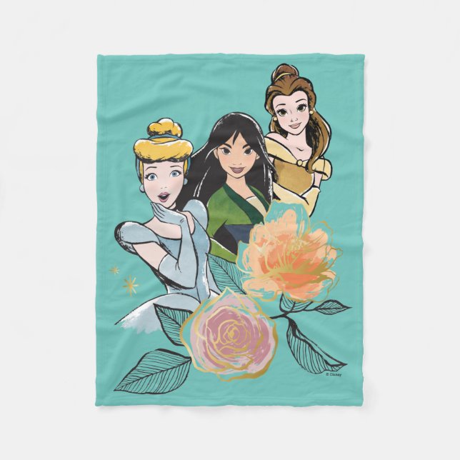 Couverture Polaire Illustration florale Cendrillon, Mulan et Belle (Devant)