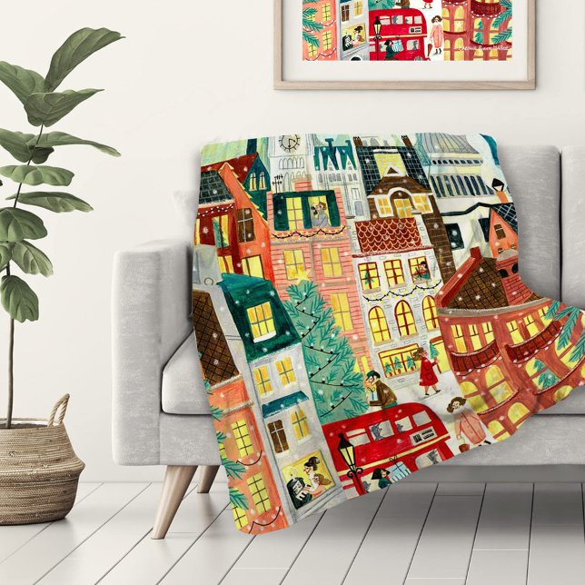 Couverture Polaire Illustration Londres ville dans la neige Noël (Créateur téléchargé)