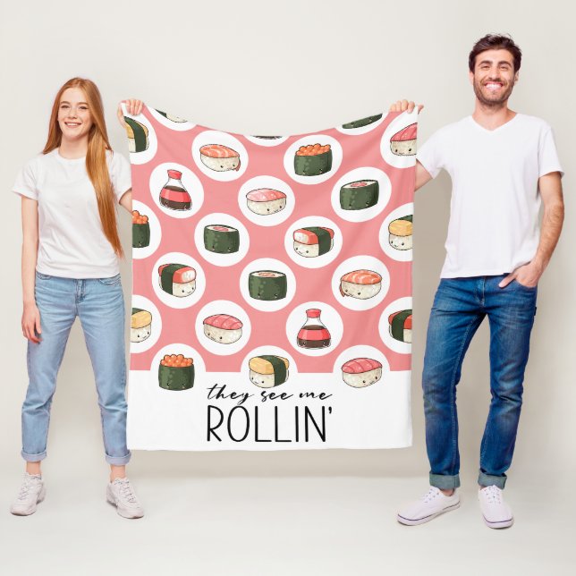Couverture Polaire Ils Me Voient Rollin' Kawaii Fun Sushi Rolls & Dot (En situation)