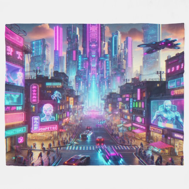 Couverture Polaire Imaginaire urbain dynamique Neon Cyberpunk | (Devant (Horizontal))