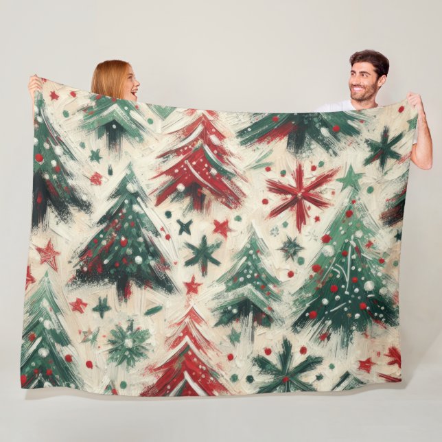 Couverture Polaire Impasto Red and Green Christmas Trees Collage (En situation)