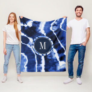 Couverture Polaire Indigo Blue Shibori Marbre Agate Tie Dye Monogramm