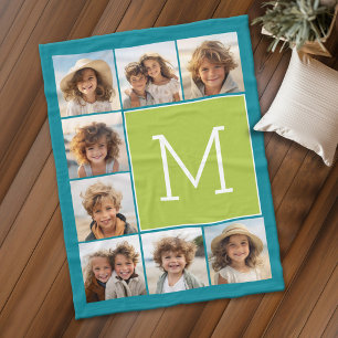 Couverture Polaire Instagram Photo Collage Monogramme - Bleu et chaux